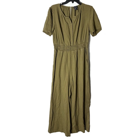 Nicole Miller Pants - Nwot Nicole Miller Olive Green Linen Blend Jumpsuit XL Short Sleeve Wide Leg